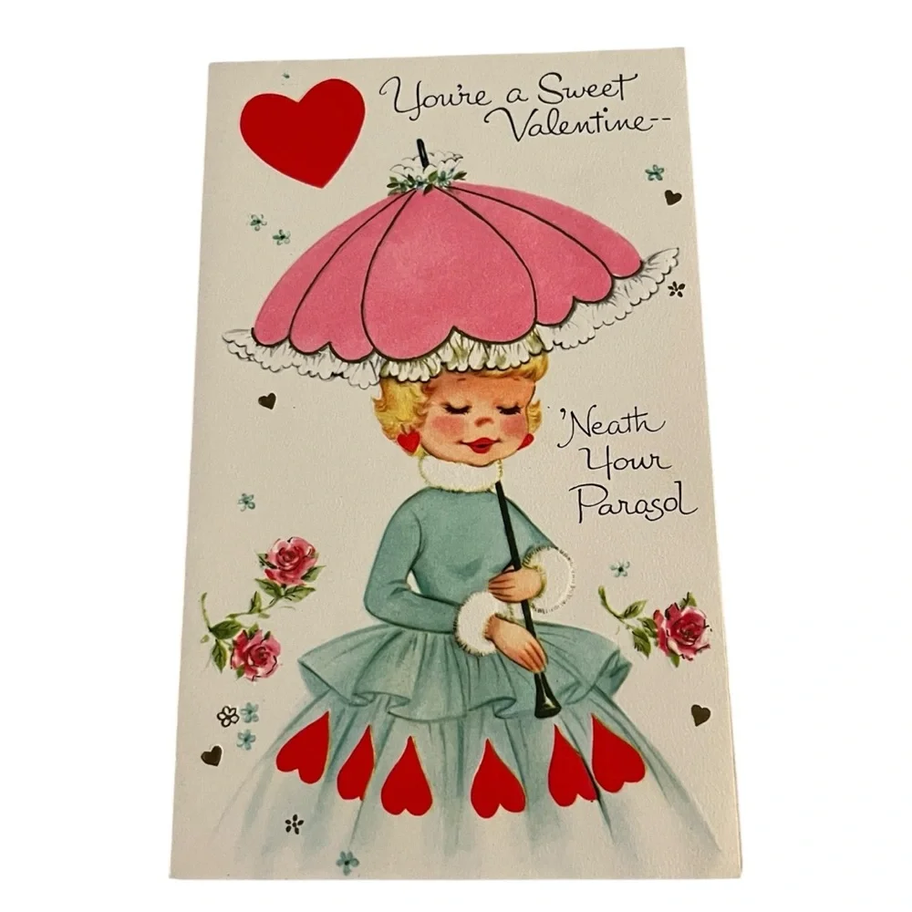 Unused Vintage Sangamon Valentine Greeting Card Woman Under a Parasol Doll